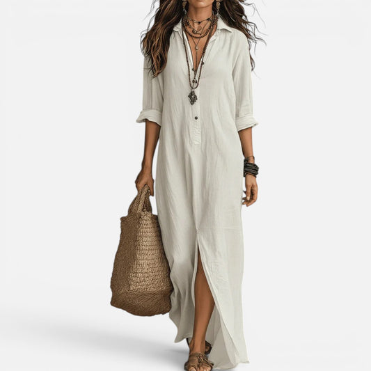 Duvrier | Women’s Elegant Flowy Tummy Converag Long Maxi Button-Up Dress