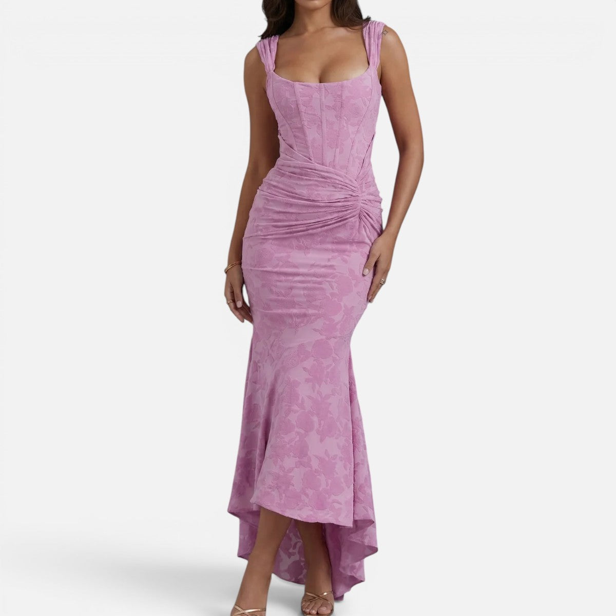 Duvrier | Women's Floral Wedding Guest Corset Ruched Fishtail Dress
