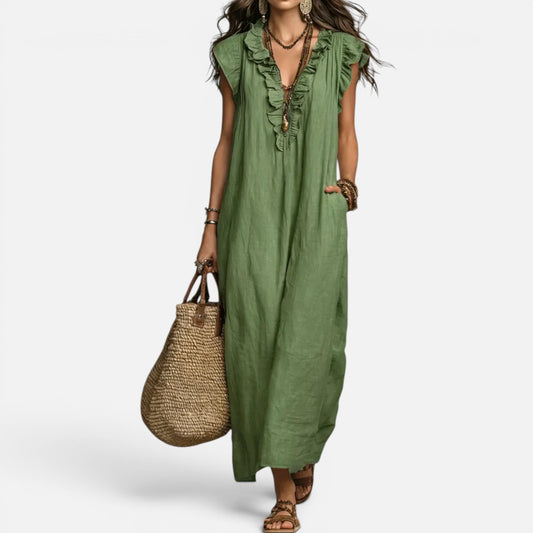 Duvrier | Women’s Elegant Flowy Bohemian Long Cotton Linen Dress With Ruffles