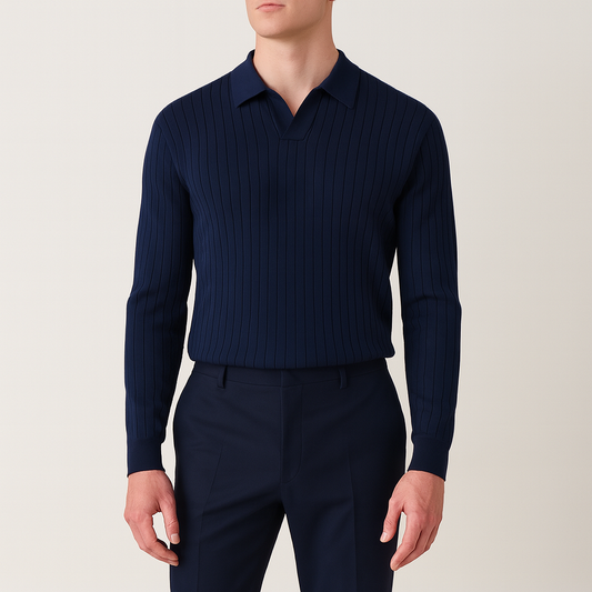 Men’s ribbed knit sweater with a polo-style collar.