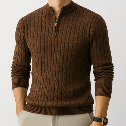 Men’s cable-knit sweater with a half-zip mock neck.