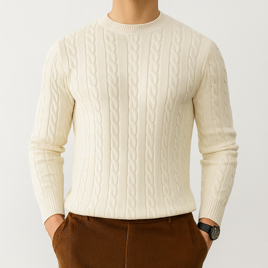 Men’s cable-knit sweater with a classic crew neckline.