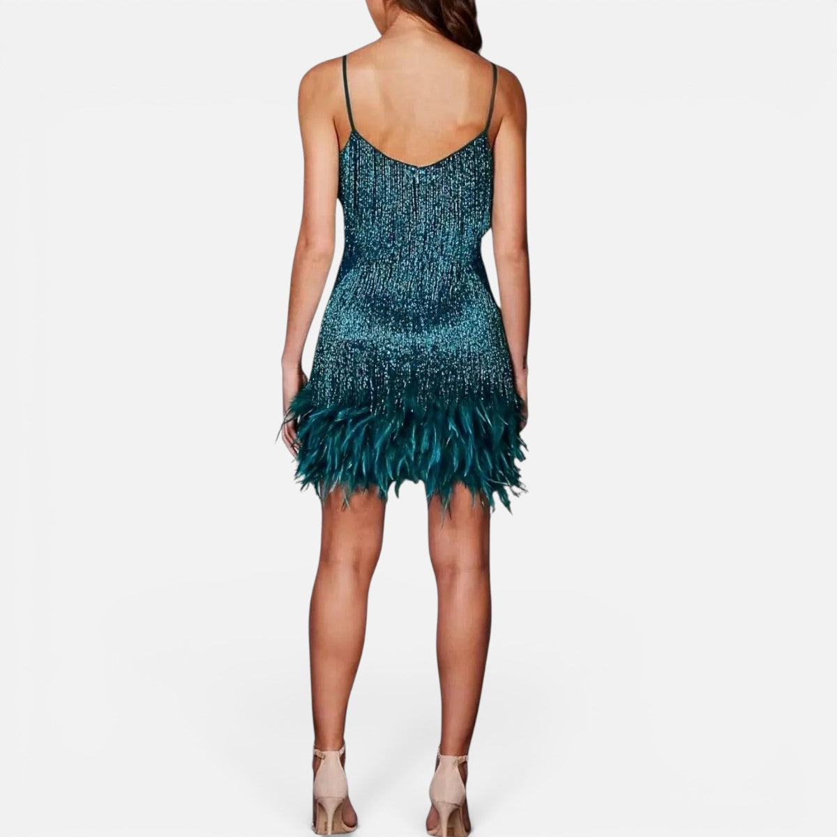 Duvrier | Women's Sequin Fringe Feather Party Dress