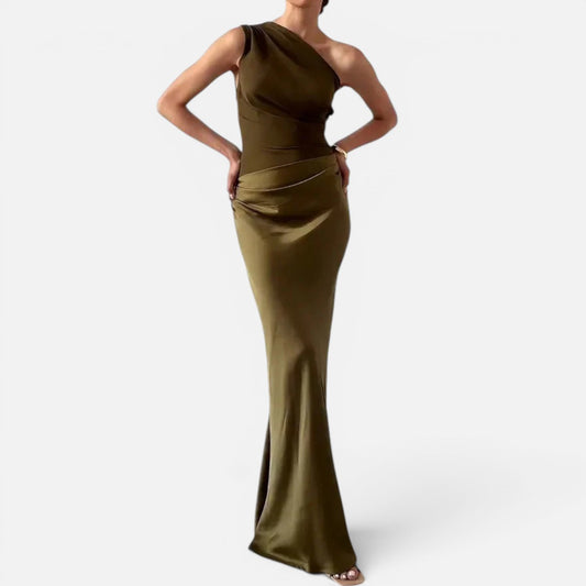 Duvrier | Women's Elegant One Shoulder Neck Pleated Party Maxi Dress