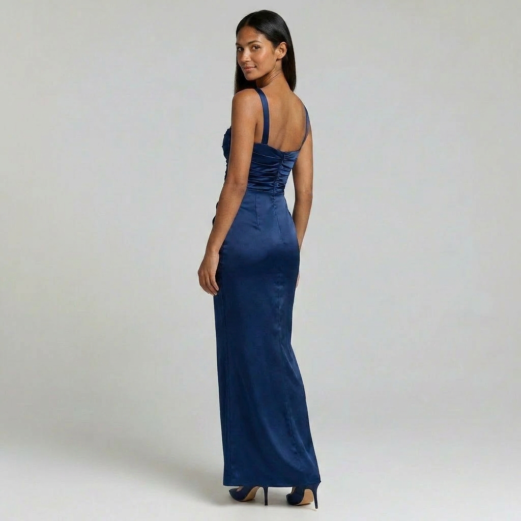Duvrier | Women's Square Neck Ruched Satin Maxi Wedding Guest Dress