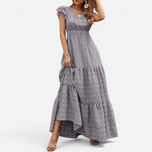 Duvrier | Women's Bohemian Dress with V-Neck and Floral Print with Short Sleeves | Ideal for Summer