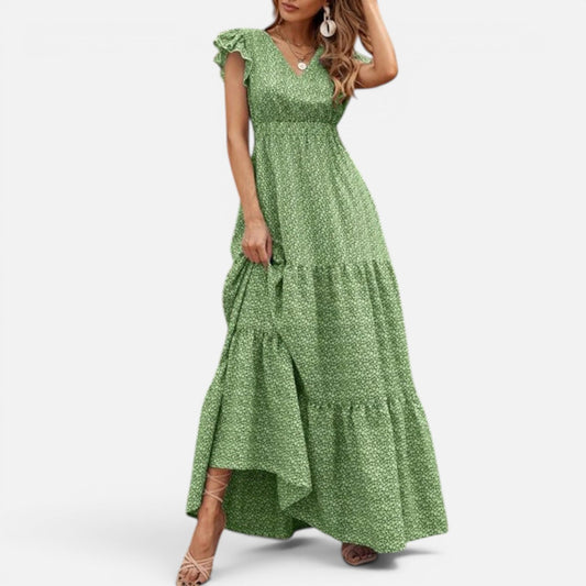 Duvrier | Women's Bohemian Dress with V-Neck and Floral Print with Short Sleeves | Ideal for Summer