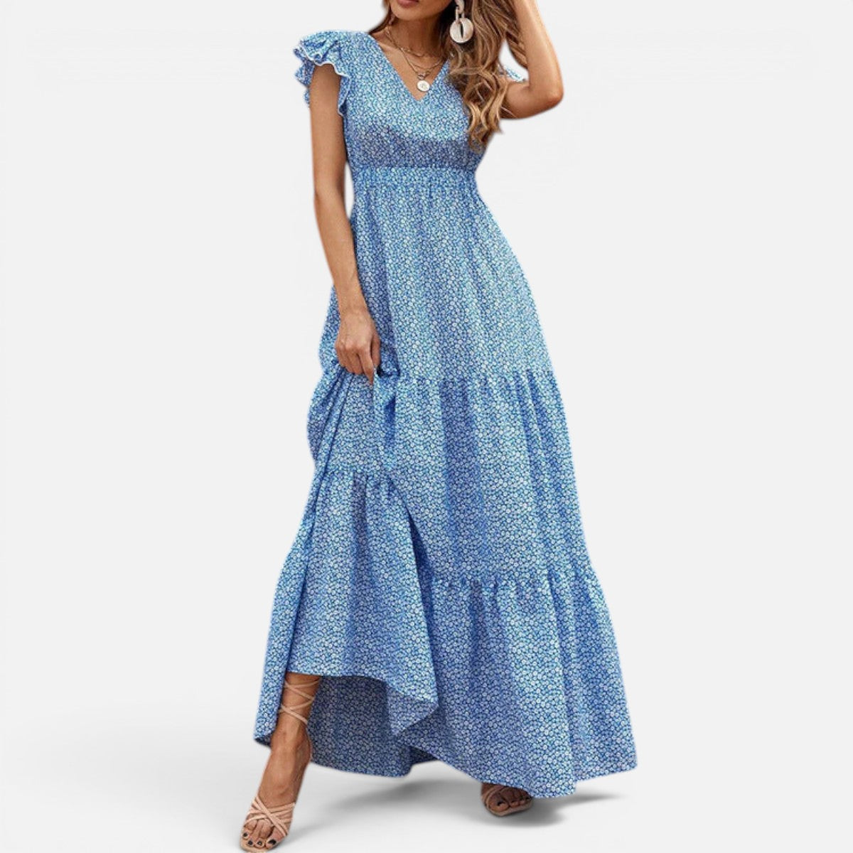 Duvrier | Women's Bohemian Dress with V-Neck and Floral Print with Short Sleeves | Ideal for Summer