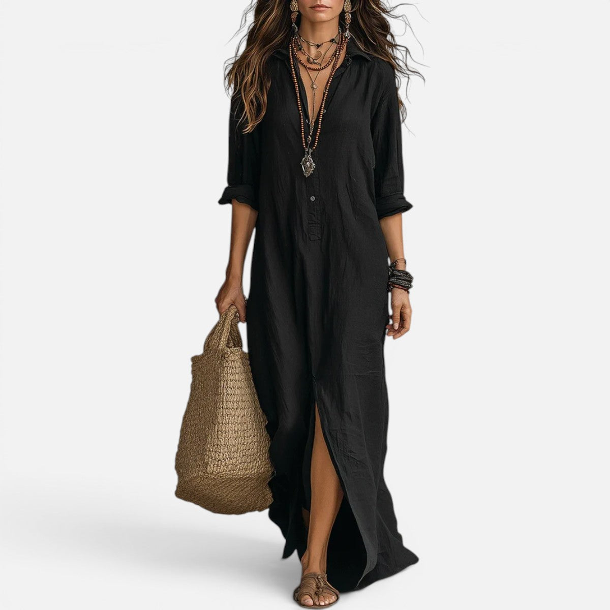 Duvrier | Women’s Elegant Flowy Tummy Converag Long Maxi Button-Up Dress