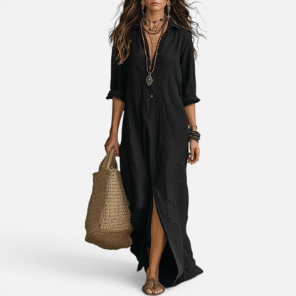 Duvrier | Women’s Elegant Flowy Tummy Converag Long Maxi Button-Up Dress