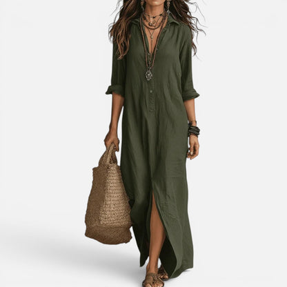Duvrier | Women’s Elegant Flowy Tummy Converag Long Maxi Button-Up Dress