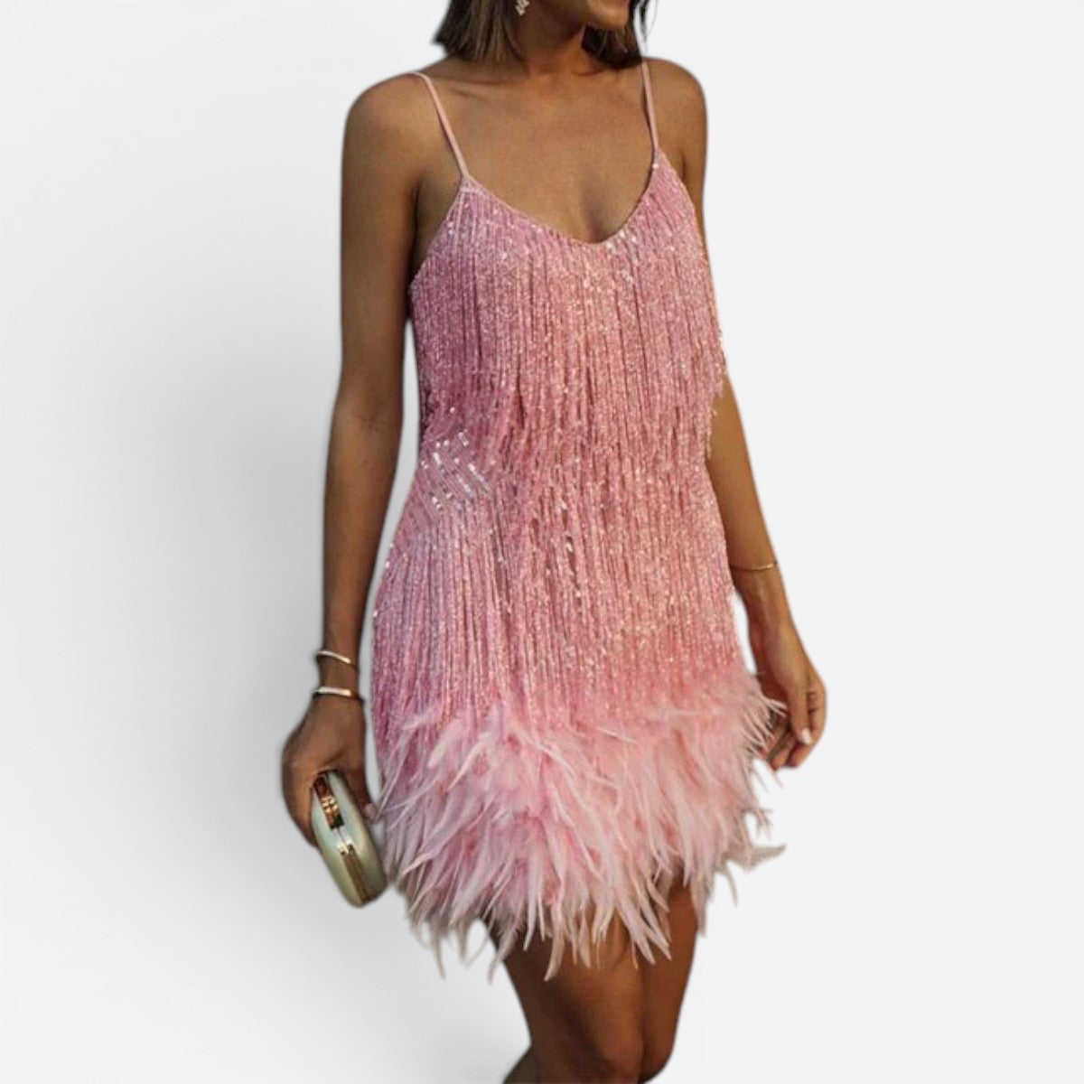 Duvrier | Women’s Sequin Mini Dress with Feather Trim – Party & Evening Dress
