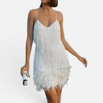 Duvrier | Women’s Sequin Mini Dress with Feather Trim – Party & Evening Dress