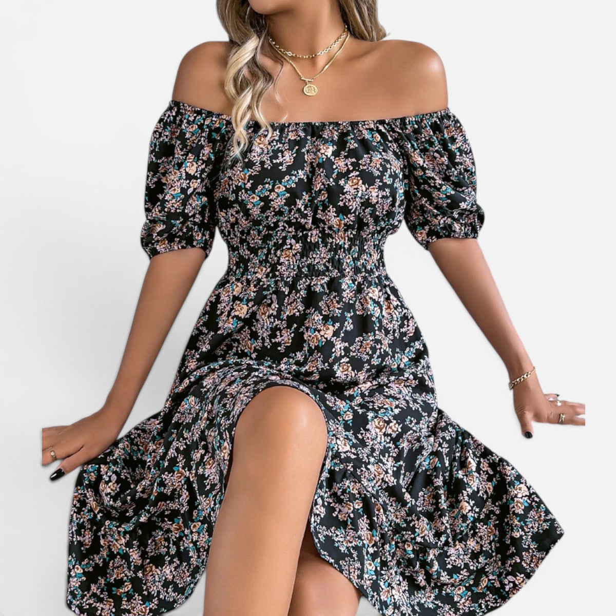 Duvrier | Women's Floral Dress with Square Neckline, Ruffles, and High Waist