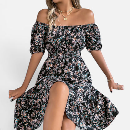 Duvrier | Women's Floral Dress with Square Neckline, Ruffles, and High Waist