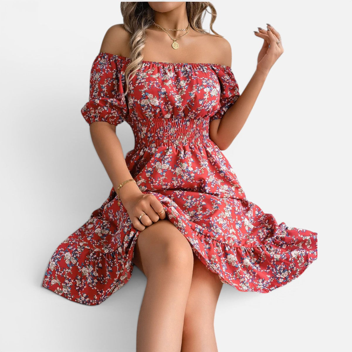 Duvrier | Women's Floral Dress with Square Neckline, Ruffles, and High Waist