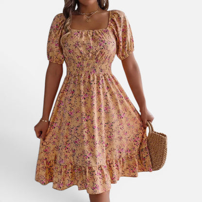 Duvrier | Women's Floral Dress with Square Neckline, Ruffles, and High Waist
