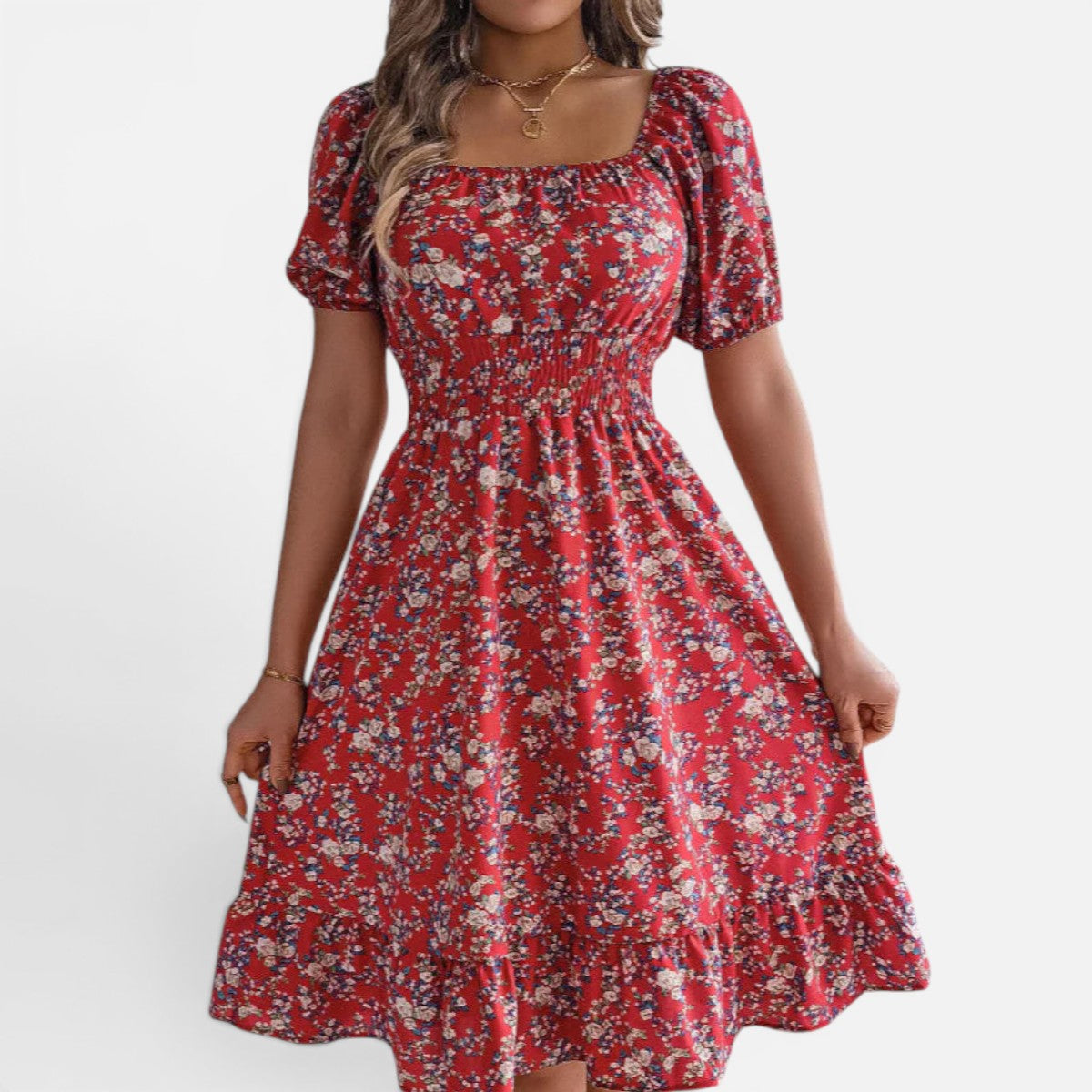 Duvrier | Women's Floral Dress with Square Neckline, Ruffles, and High Waist