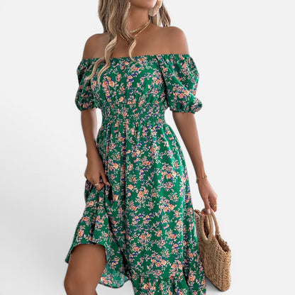 Duvrier | Women's Floral Dress with Square Neckline, Ruffles, and High Waist