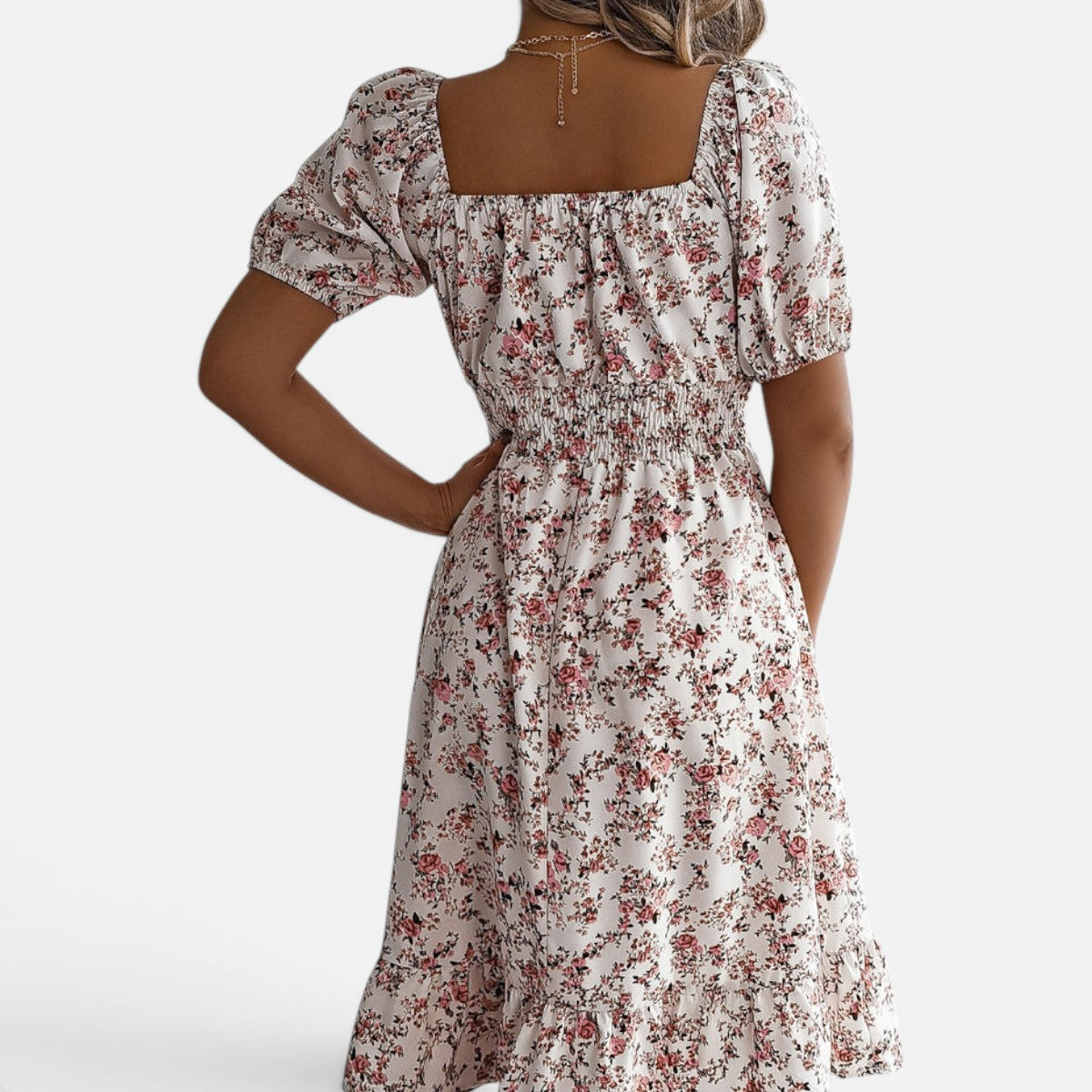 Duvrier | Women's Floral Dress with Square Neckline, Ruffles, and High Waist