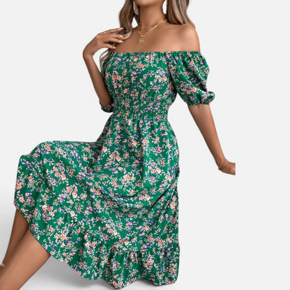 Duvrier | Women's Floral Dress with Square Neckline, Ruffles, and High Waist