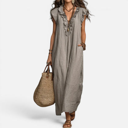 Duvrier | Women’s Elegant Flowy Bohemian Long Cotton Linen Dress With Ruffles