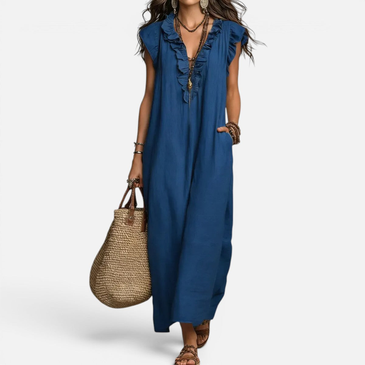 Duvrier | Women’s Elegant Flowy Bohemian Long Cotton Linen Dress With Ruffles