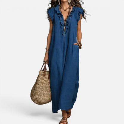 Duvrier | Women’s Elegant Flowy Bohemian Long Cotton Linen Dress With Ruffles