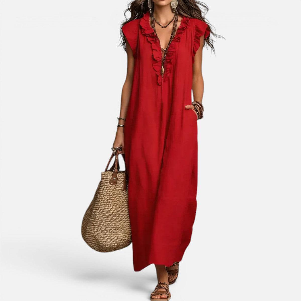 Duvrier | Women’s Elegant Flowy Bohemian Long Cotton Linen Dress With Ruffles