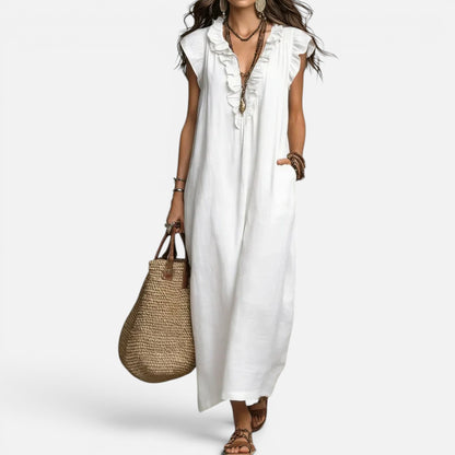 Duvrier | Women’s Elegant Flowy Bohemian Long Cotton Linen Dress With Ruffles