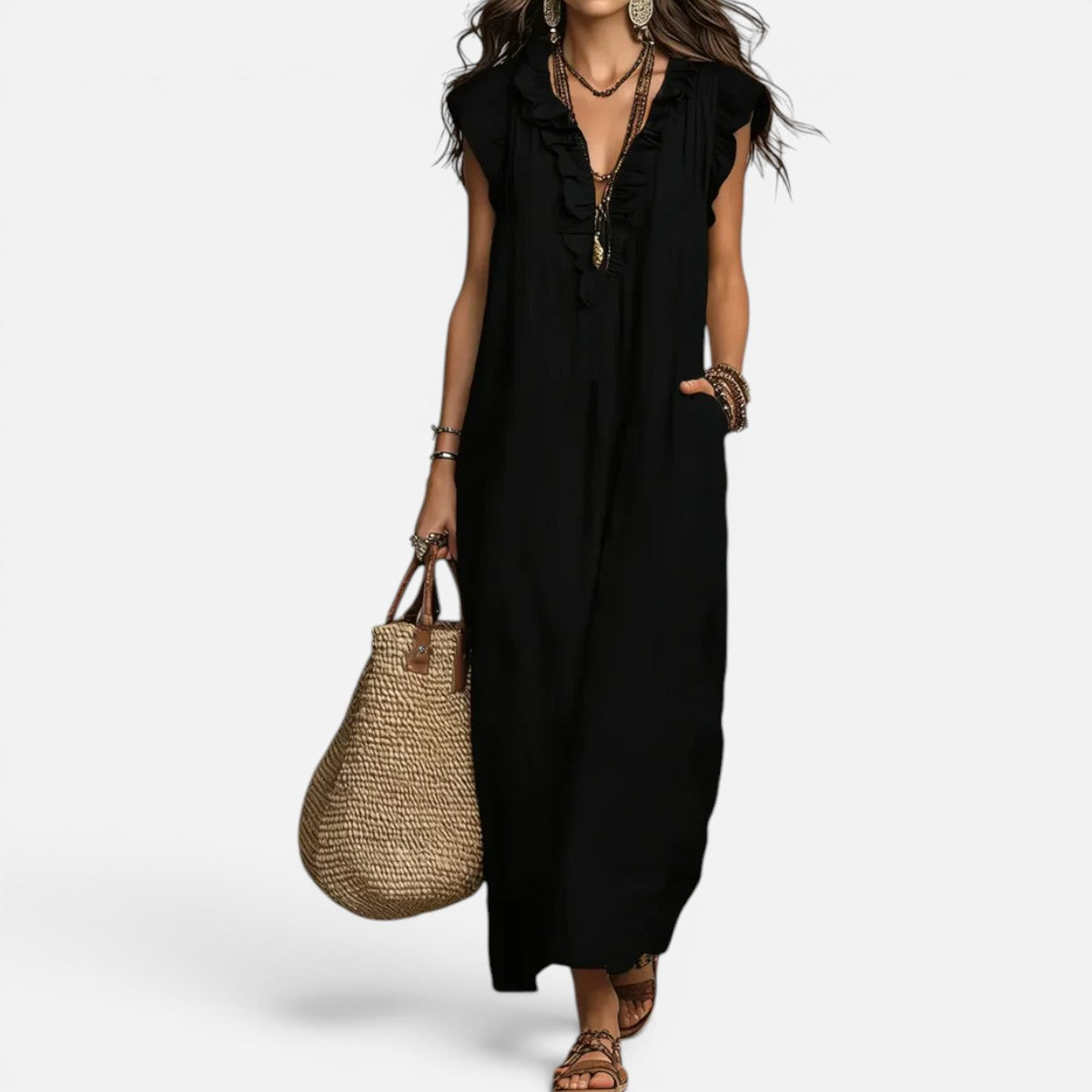 Duvrier | Women’s Elegant Flowy Bohemian Long Cotton Linen Dress With Ruffles