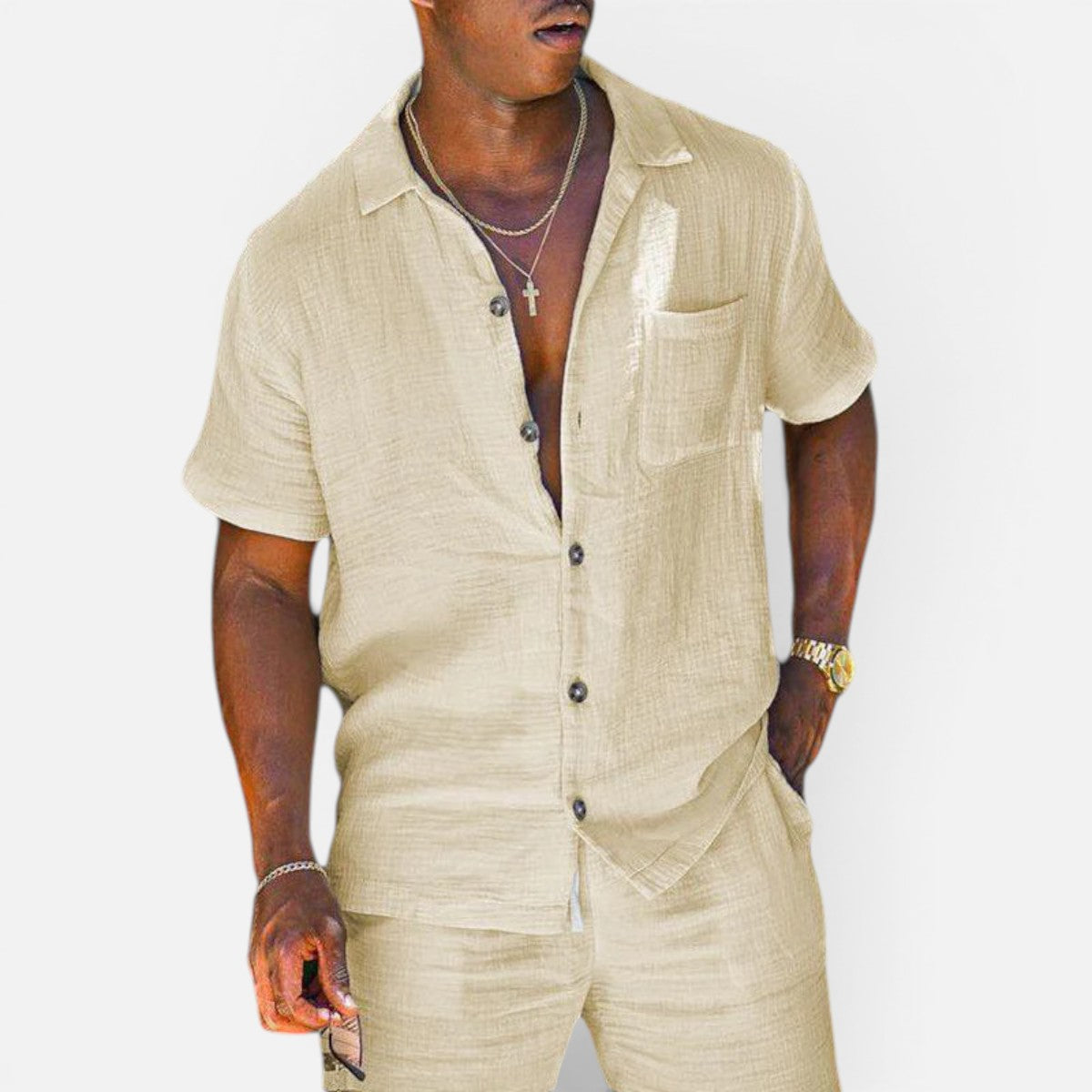 Duvrier | Men's Linen Blend Short Sleeve Loungewear Set