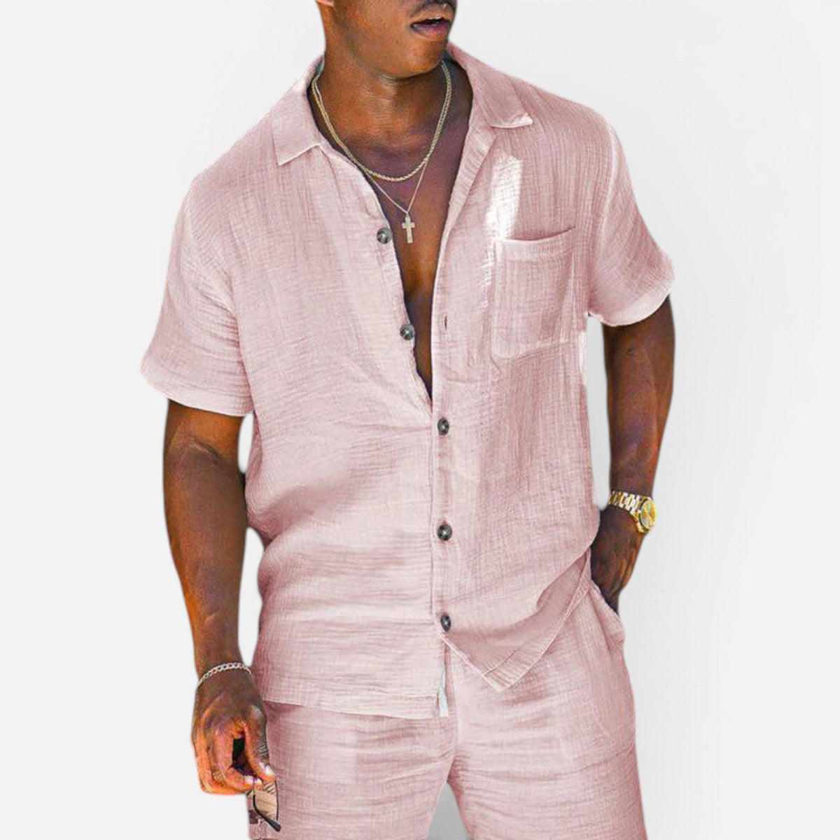 Duvrier | Men's Linen Blend Short Sleeve Loungewear Set