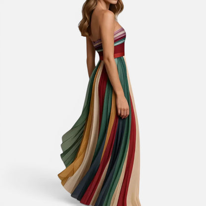 Duvrier | Women's Strapless Colorful Pleated Summer Maxi Dress Strapless