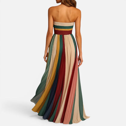 Duvrier | Women's Strapless Colorful Pleated Summer Maxi Dress Strapless