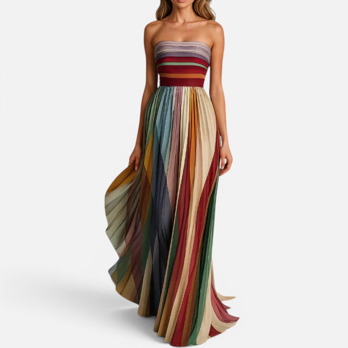 Duvrier | Women's Strapless Colorful Pleated Summer Maxi Dress Strapless