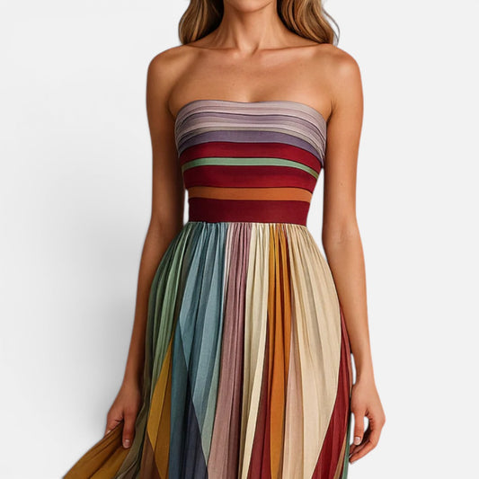 Duvrier | Women's Strapless Colorful Pleated Summer Maxi Dress Strapless