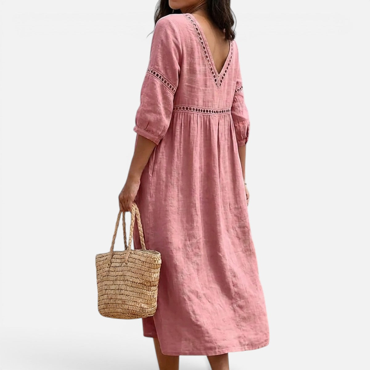 Duvrier | Women’s Elegant Natural Style Flowy Midi Dress With V-Neck And Wide Sleeves