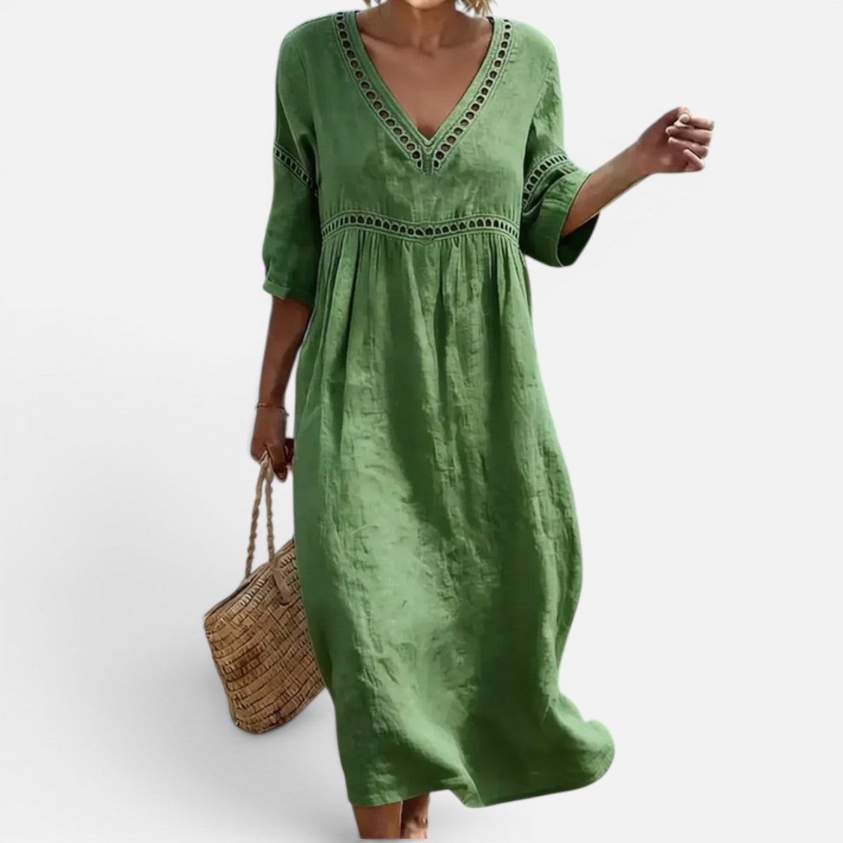 Duvrier | Women’s Elegant Natural Style Flowy Midi Dress With V-Neck And Wide Sleeves