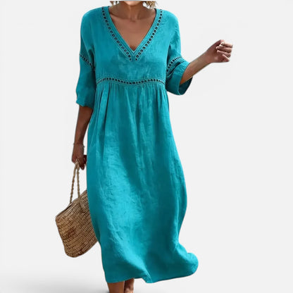 Duvrier | Women’s Elegant Natural Style Flowy Midi Dress With V-Neck And Wide Sleeves