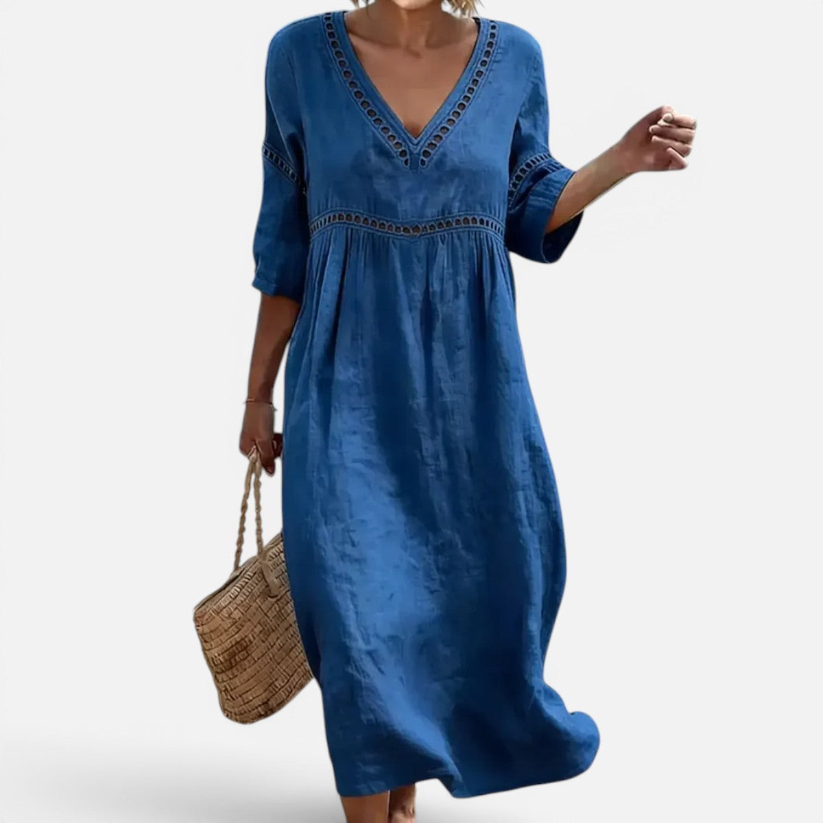 Duvrier | Women’s Elegant Natural Style Flowy Midi Dress With V-Neck And Wide Sleeves