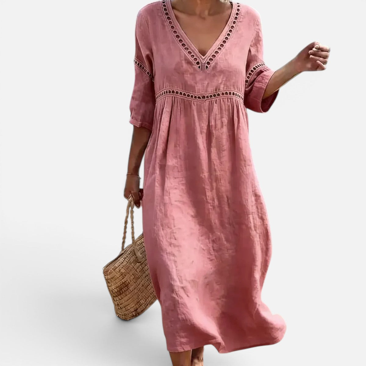 Duvrier | Women’s Elegant Natural Style Flowy Midi Dress With V-Neck And Wide Sleeves