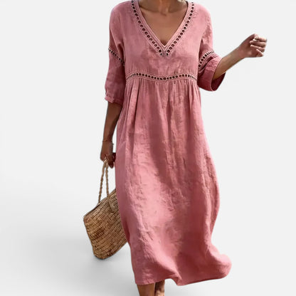 Duvrier | Women’s Elegant Natural Style Flowy Midi Dress With V-Neck And Wide Sleeves