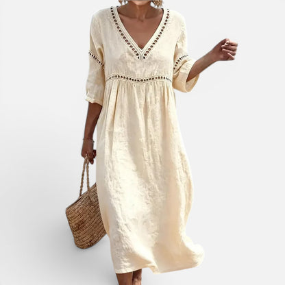 Duvrier | Women’s Elegant Natural Style Flowy Midi Dress With V-Neck And Wide Sleeves