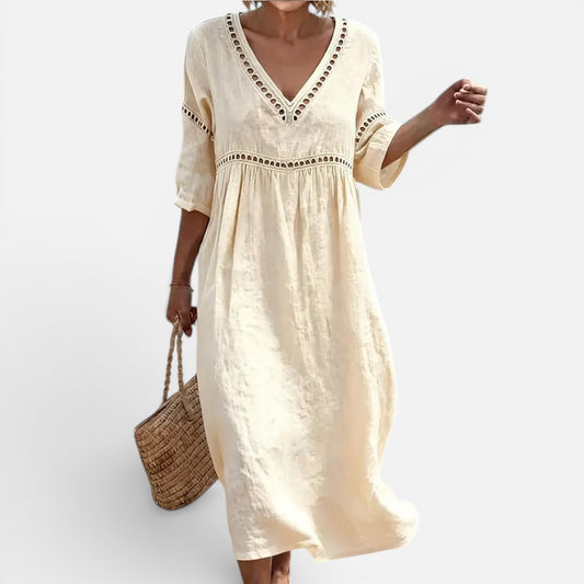 Duvrier | Women’s Elegant Natural Style Flowy Midi Dress With V-Neck And Wide Sleeves