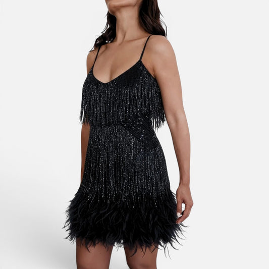 Duvrier | Women's Sequin Fringe Feather Party Dress