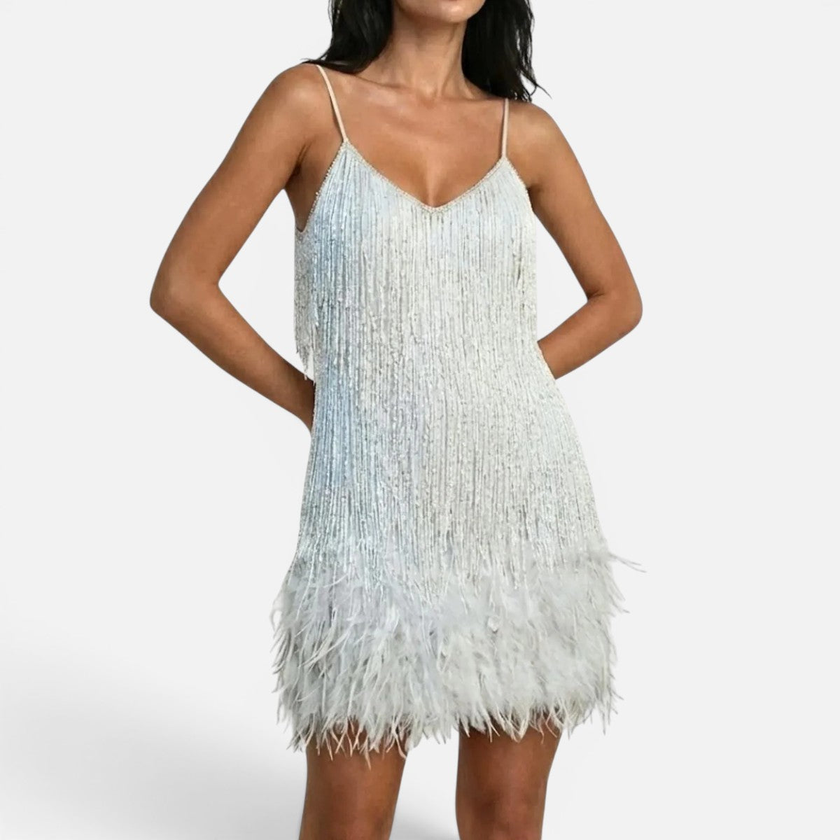 Duvrier | Women's Sequin Fringe Feather Party Dress