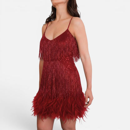 Duvrier | Women's Sequin Fringe Feather Party Dress