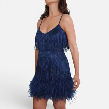 Duvrier | Women's Sequin Fringe Feather Party Dress