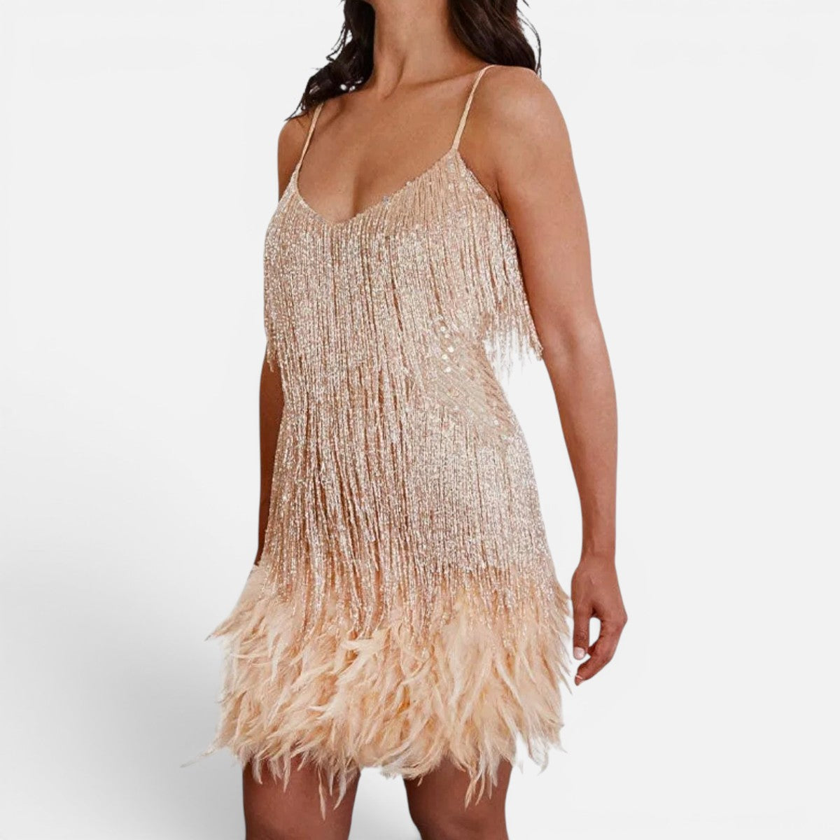 Duvrier | Women's Sequin Fringe Feather Party Dress
